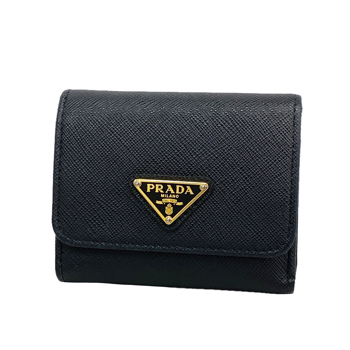 【6id5075】プラダ 三つ折り財布 レザー ブラック ゴールド金具【中古】レディース