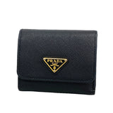 【6id5075】プラダ 三つ折り財布 レザー ブラック ゴールド金具【中古】レディース