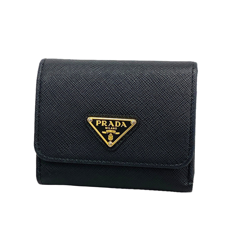 【6id5075】プラダ 三つ折り財布 レザー ブラック ゴールド金具【中古】レディース