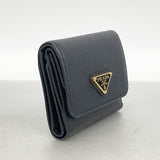 【6id5075】プラダ 三つ折り財布 レザー ブラック ゴールド金具【中古】レディース