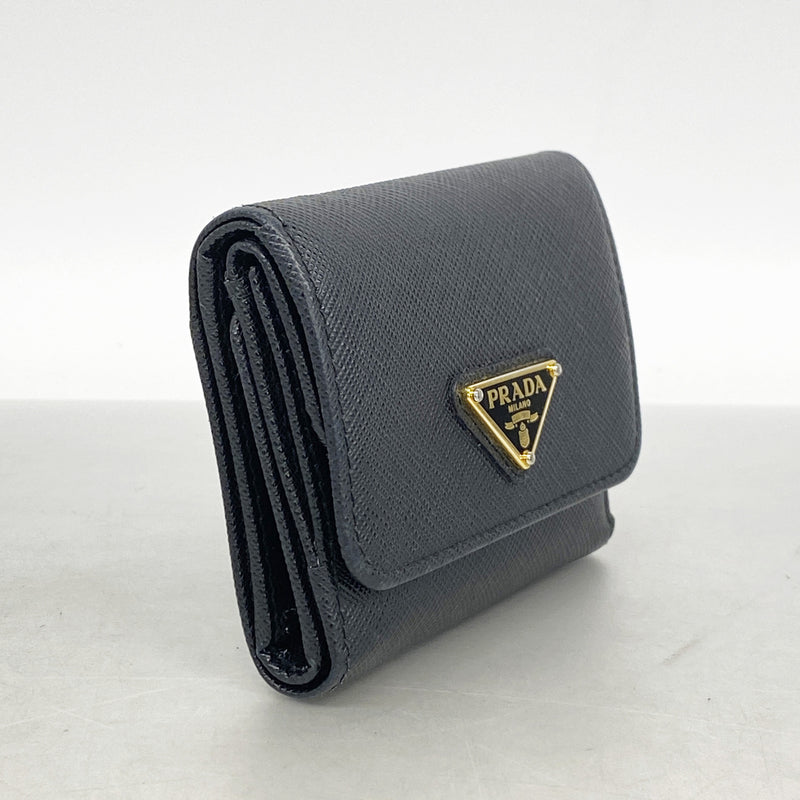 【6id5075】プラダ 三つ折り財布 レザー ブラック ゴールド金具【中古】レディース