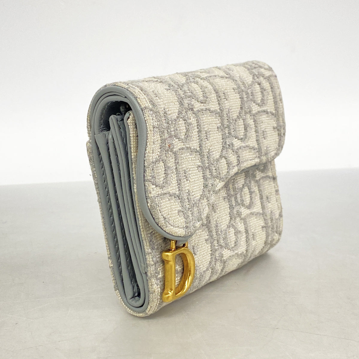 【6id5076】クリスチャンディオール 三つ折り財布 サドル キャンバス グレー ゴールド金具【中古】レディース