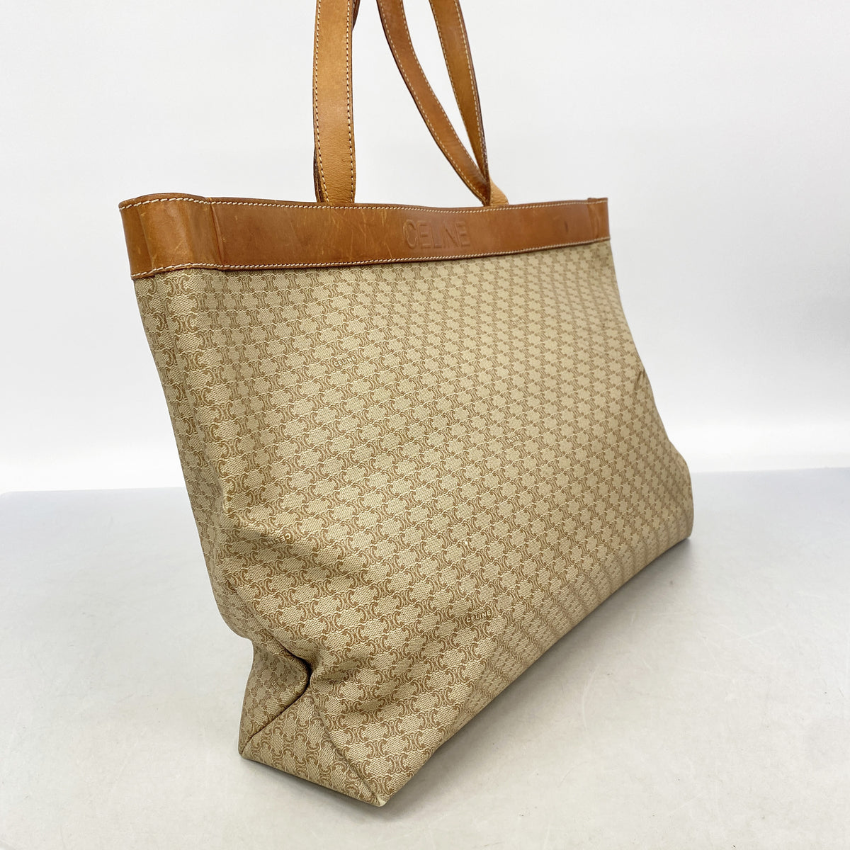 【6id5082】セリーヌ トートバッグ マカダム PVC ベージュ ゴールド金具【中古】レディース