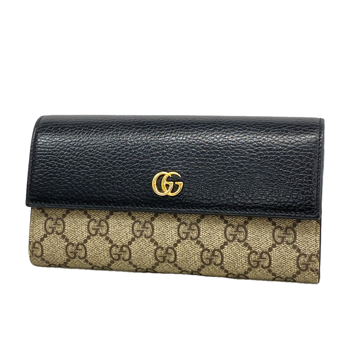 【6id5086】グッチ 長財布 GGスプリーム 456116 PVC ブラック ブラウン ゴールド金具【中古】レディース