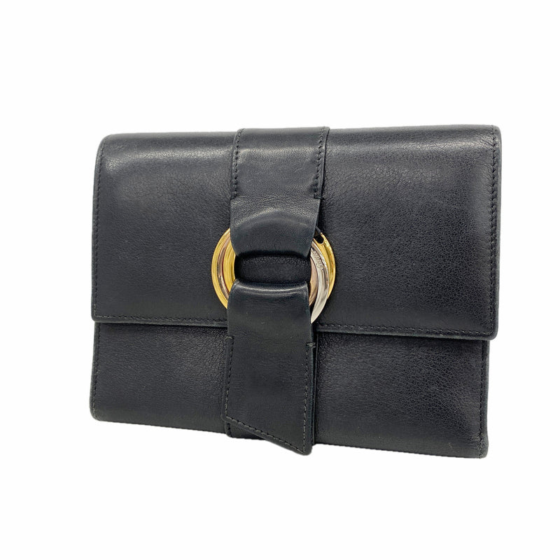【6id5087】カルティエ 三つ折り財布 トリニティ レザー ブラック ゴールド/シルバー金具【中古】レディース