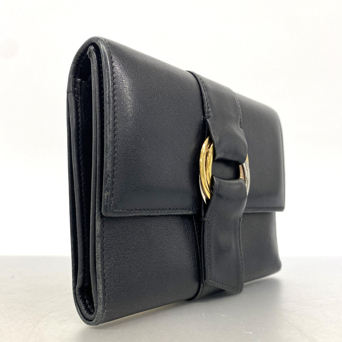 【6id5087】カルティエ 三つ折り財布 トリニティ レザー ブラック ゴールド/シルバー金具【中古】レディース