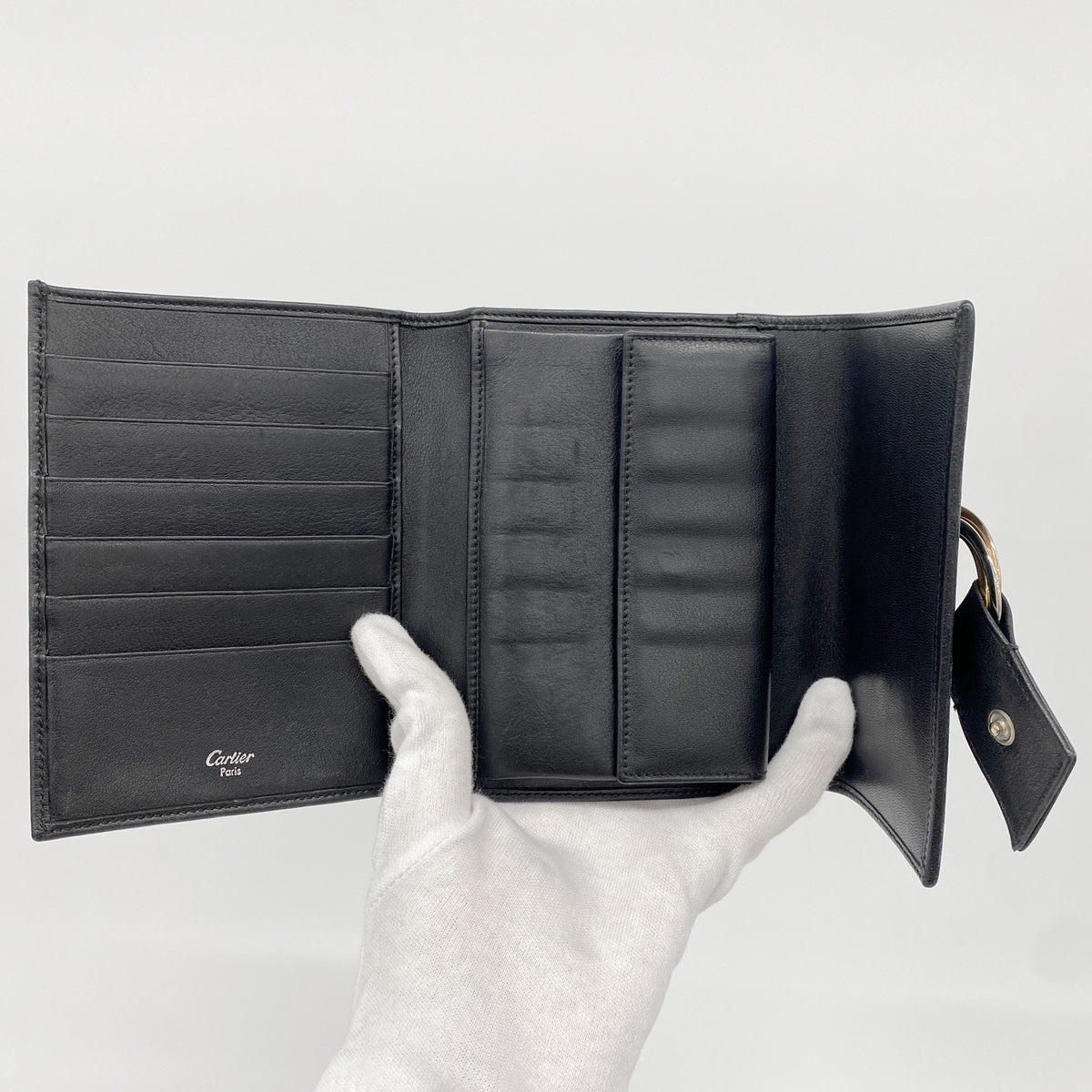 【6id5087】カルティエ 三つ折り財布 トリニティ レザー ブラック ゴールド/シルバー金具【中古】レディース