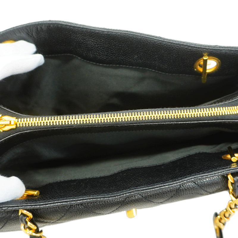 【6id5097】シャネル チェーントート マトラッセ Wチェーン キャビアスキン ブラック ゴールド金具【中古】レディース