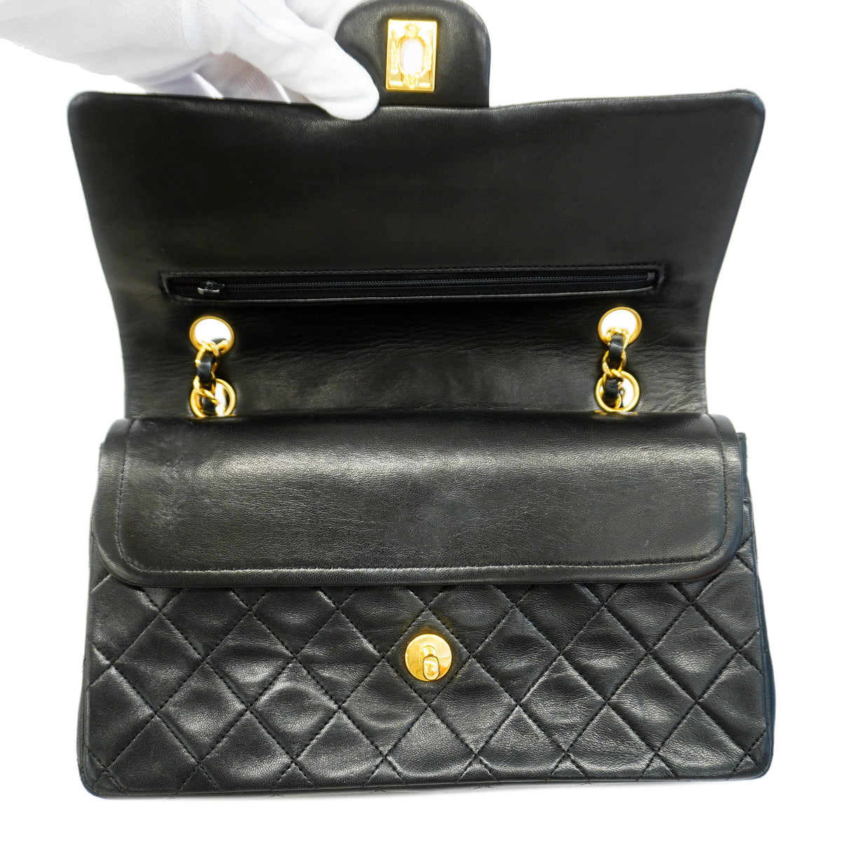 【6id5098】シャネル ショルダーバッグ マトラッセ Wフラップ Wチェーン ラムスキン ブラック ゴールド金具【中古】レディース