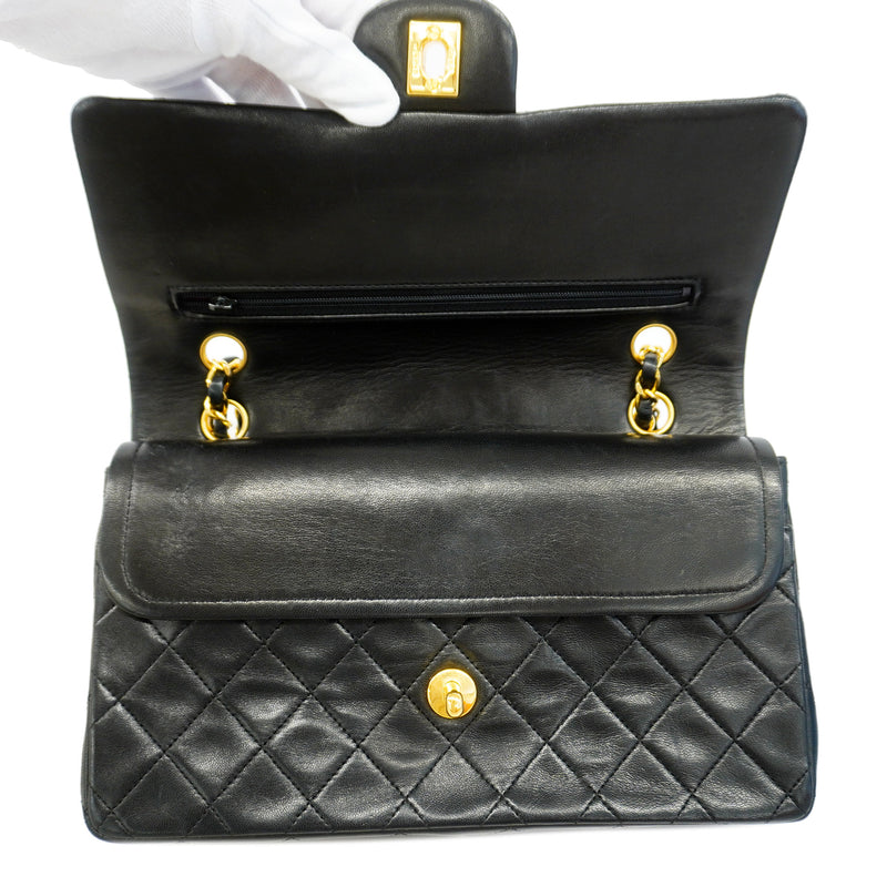 【6id5098】シャネル ショルダーバッグ マトラッセ Wフラップ Wチェーン ラムスキン ブラック ゴールド金具【中古】レディース