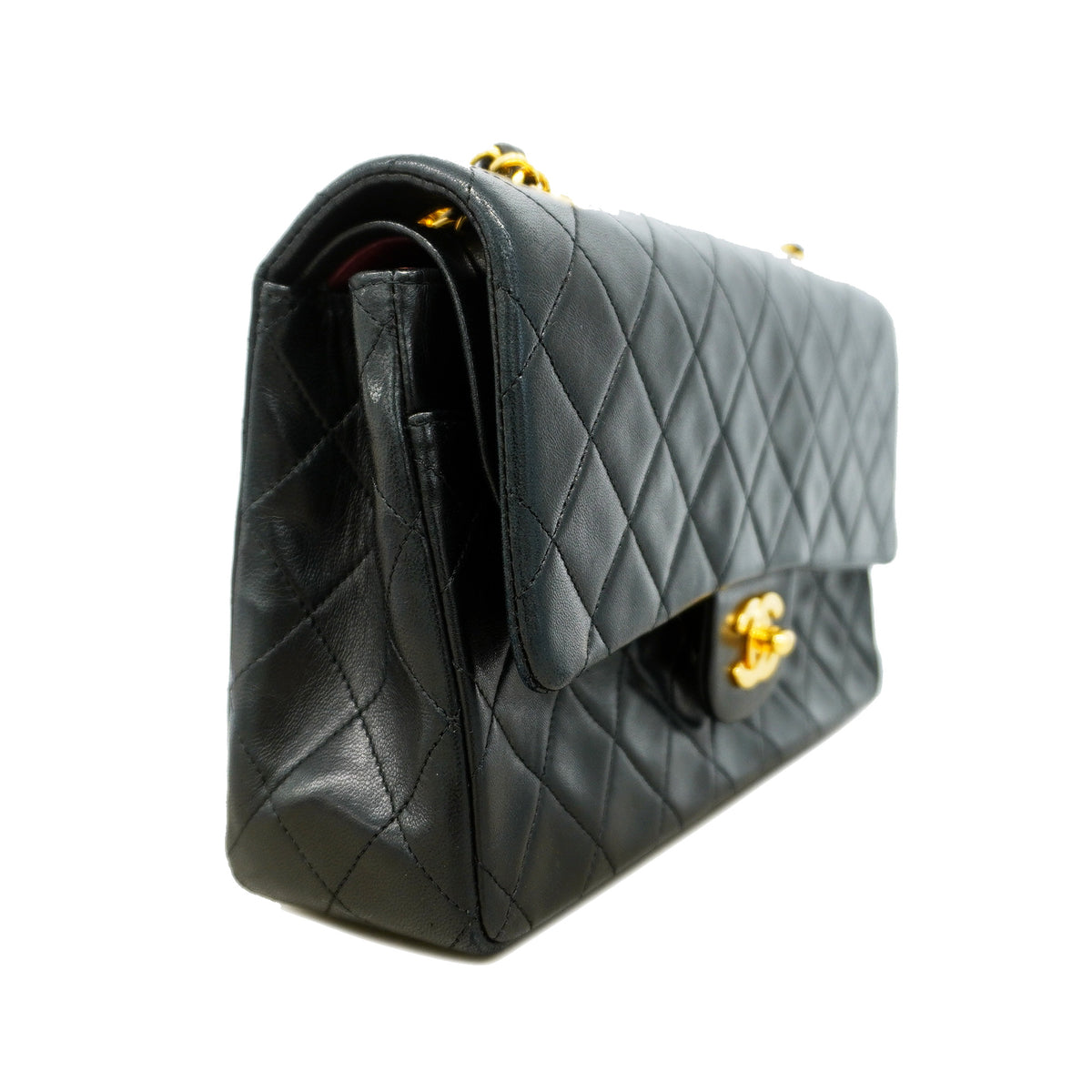【6id5098】シャネル ショルダーバッグ マトラッセ Wフラップ Wチェーン ラムスキン ブラック ゴールド金具【中古】レディース