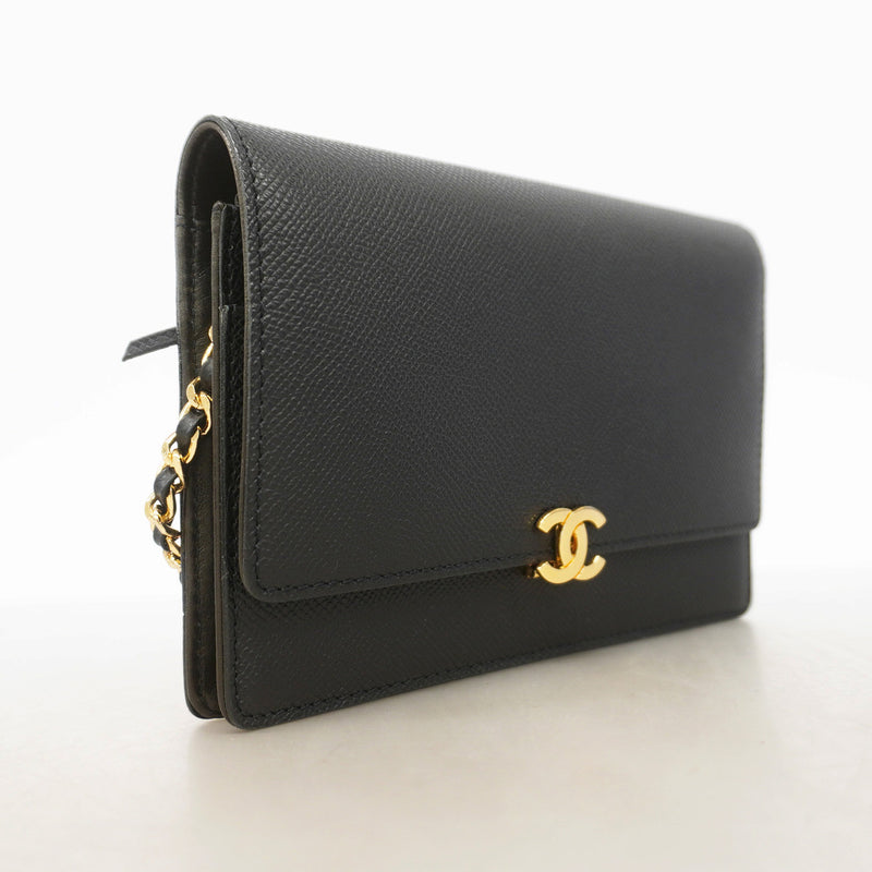 【6id5162】シャネル ショルダーウォレット チェーンショルダー レザー ブラック ゴールド金具【中古】レディース