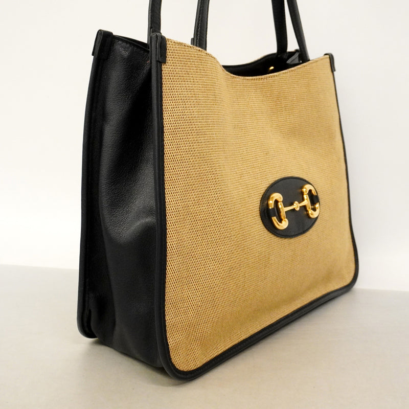 【6id5183】グッチ トートバッグ ホースビット 623694 キャンバス レザー ベージュ ネイビー ゴールド金具【中古】レディース