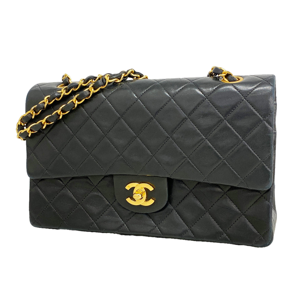 【6id5261】シャネル ショルダーバッグ マトラッセ Wフラップ Wチェーン ラムスキン ブラック ゴールド金具【中古】レディース
