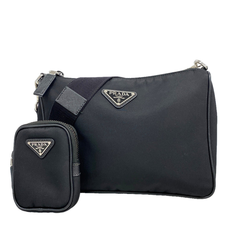 【6id5443】プラダ ショルダーバッグ テスート ナイロン ブラック シルバー金具【中古】レディース
