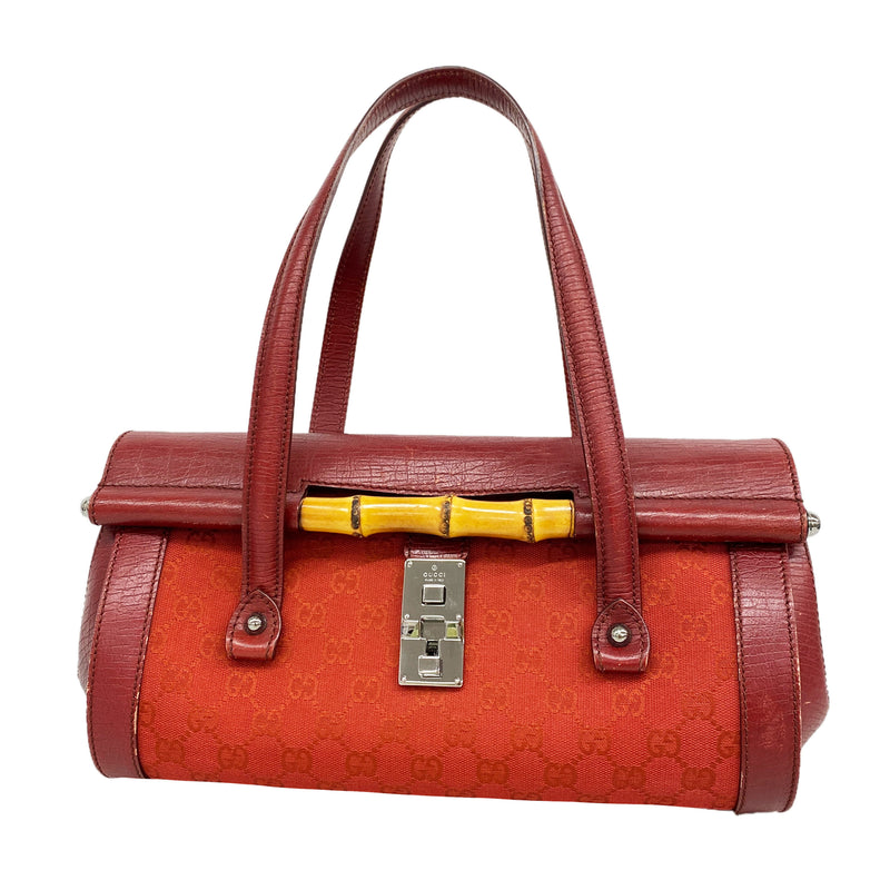 【6id5445】グッチ ハンドバッグ GGキャンバス/バンブー 111713 キャンバス レッド シルバー金具【中古】レディース