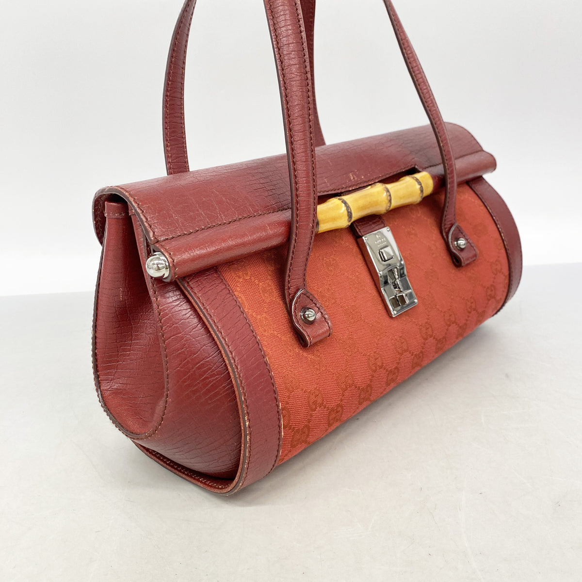 【6id5445】グッチ ハンドバッグ GGキャンバス/バンブー 111713 キャンバス レッド シルバー金具【中古】レディース