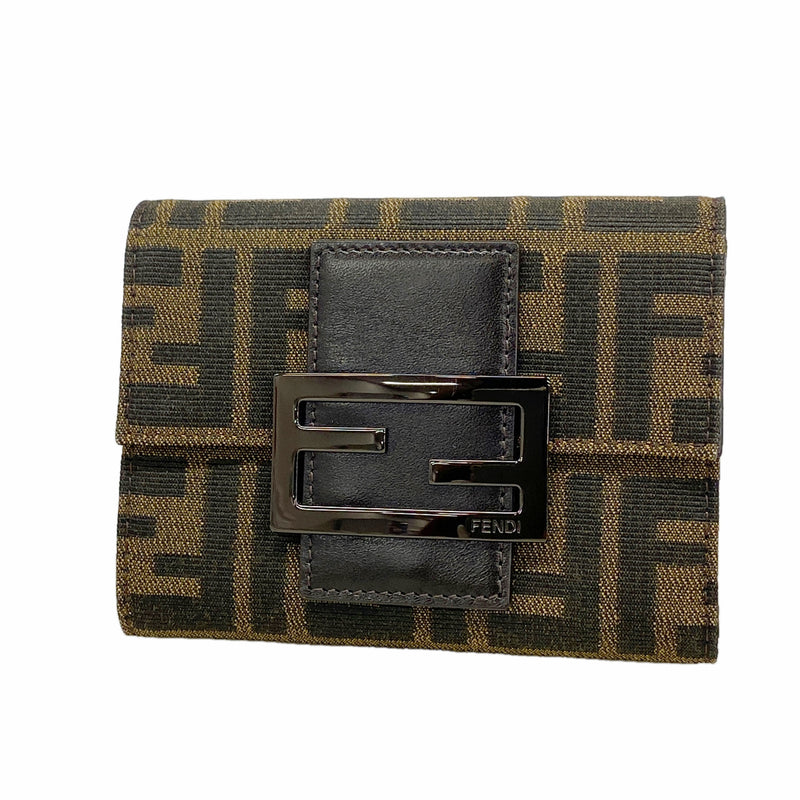 【6id5516】フェンディ 三つ折り財布 ズッカ ナイロンキャンバス ブラウン シルバー金具【中古】レディース