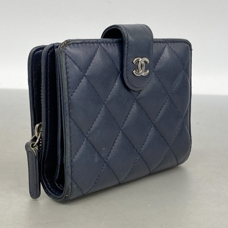 【6id5593】シャネル 財布 マトラッセ ラムスキン ネイビー シルバー金具【中古】レディース