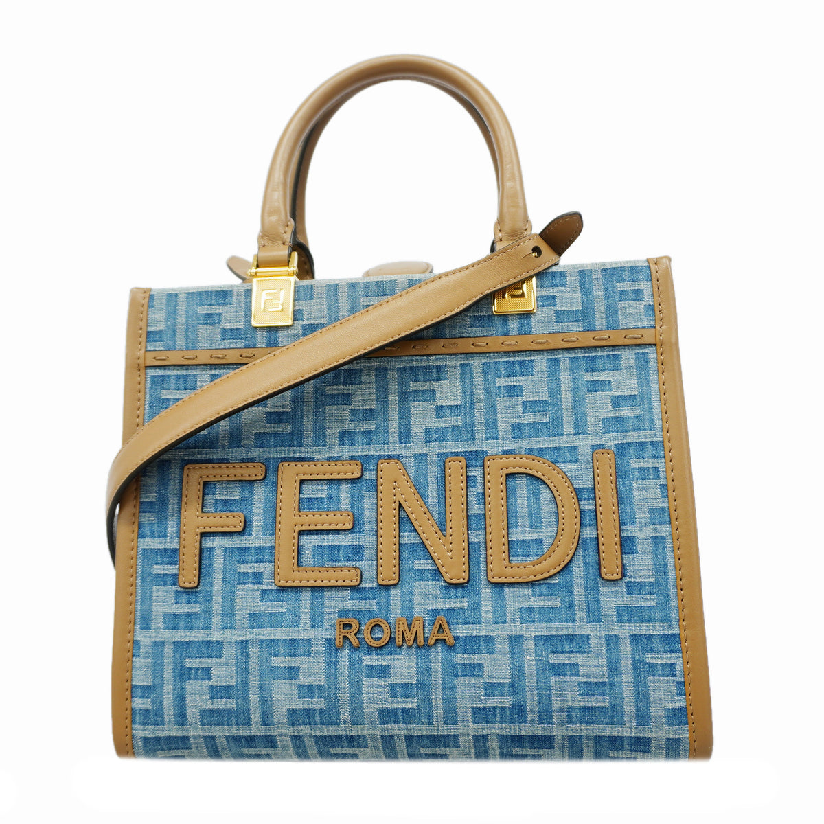 【6id5596】フェンディ トートバッグ サンシャイン デニム ブルー ブラウン ゴールド金具 2wayバッグ【中古】レディース