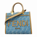 【6id5596】フェンディ トートバッグ サンシャイン デニム ブルー ブラウン ゴールド金具 2wayバッグ【中古】レディース