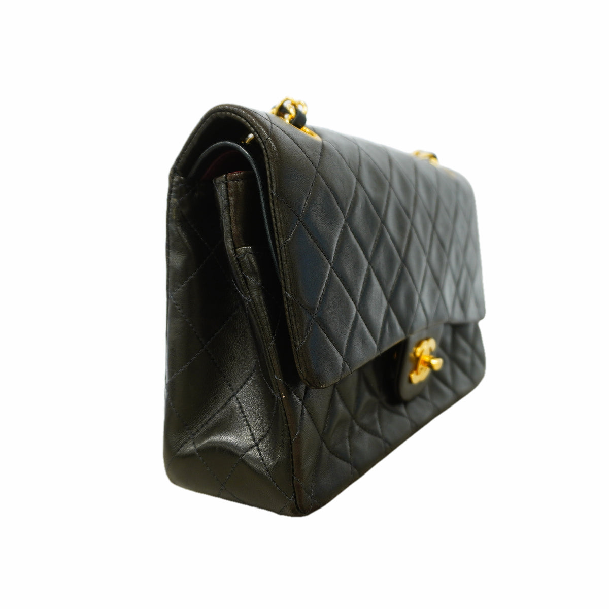 【6id5653】シャネル ショルダーバッグ マトラッセ Wフラップ Wチェーン ラムスキン ブラック ゴールド金具【中古】レディース