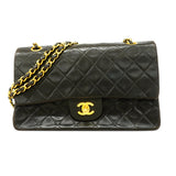 【6id5660】シャネル ショルダーバッグ マトラッセ Wフラップ Wチェーン ラムスキン ブラック ゴールド金具【中古】レディース