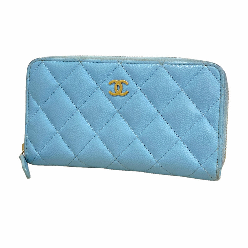 【6id5671】シャネル コインケース マトラッセ キャビアスキン ライトブルー ゴールド金具【中古】レディース