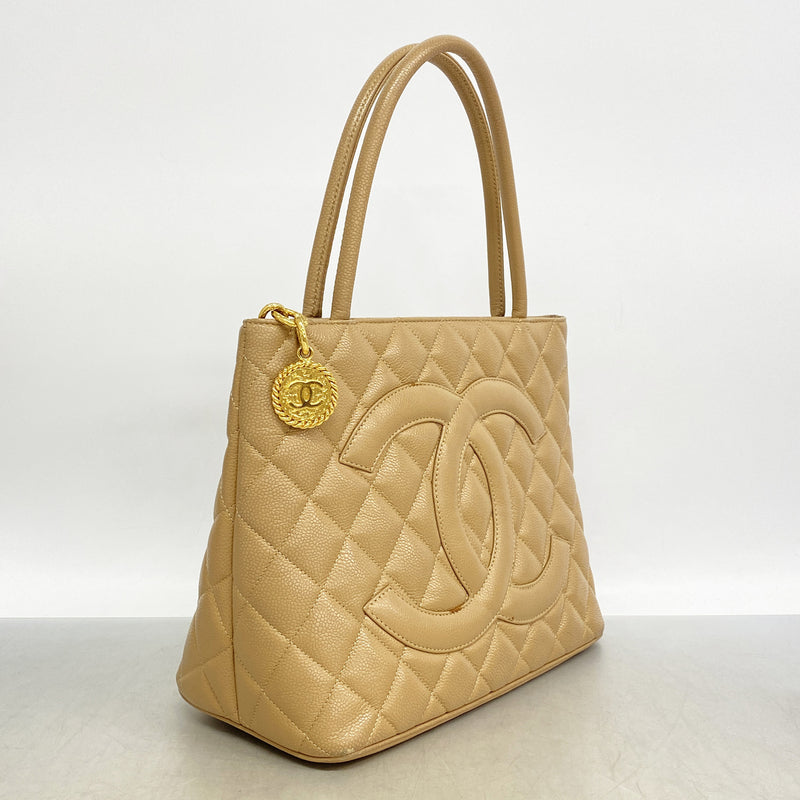 【6id5719】シャネル トートバッグ 復刻トート キャビアスキン ベージュ ゴールド金具【中古】レディース