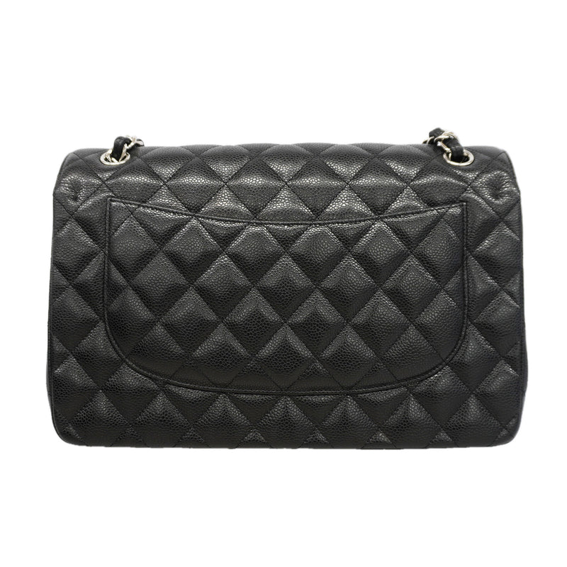 【6id5785】シャネル ショルダーバッグ デカマトラッセ Wフラップ Wチェーン キャビアスキン ブラック シルバー金具【中古】レディース
