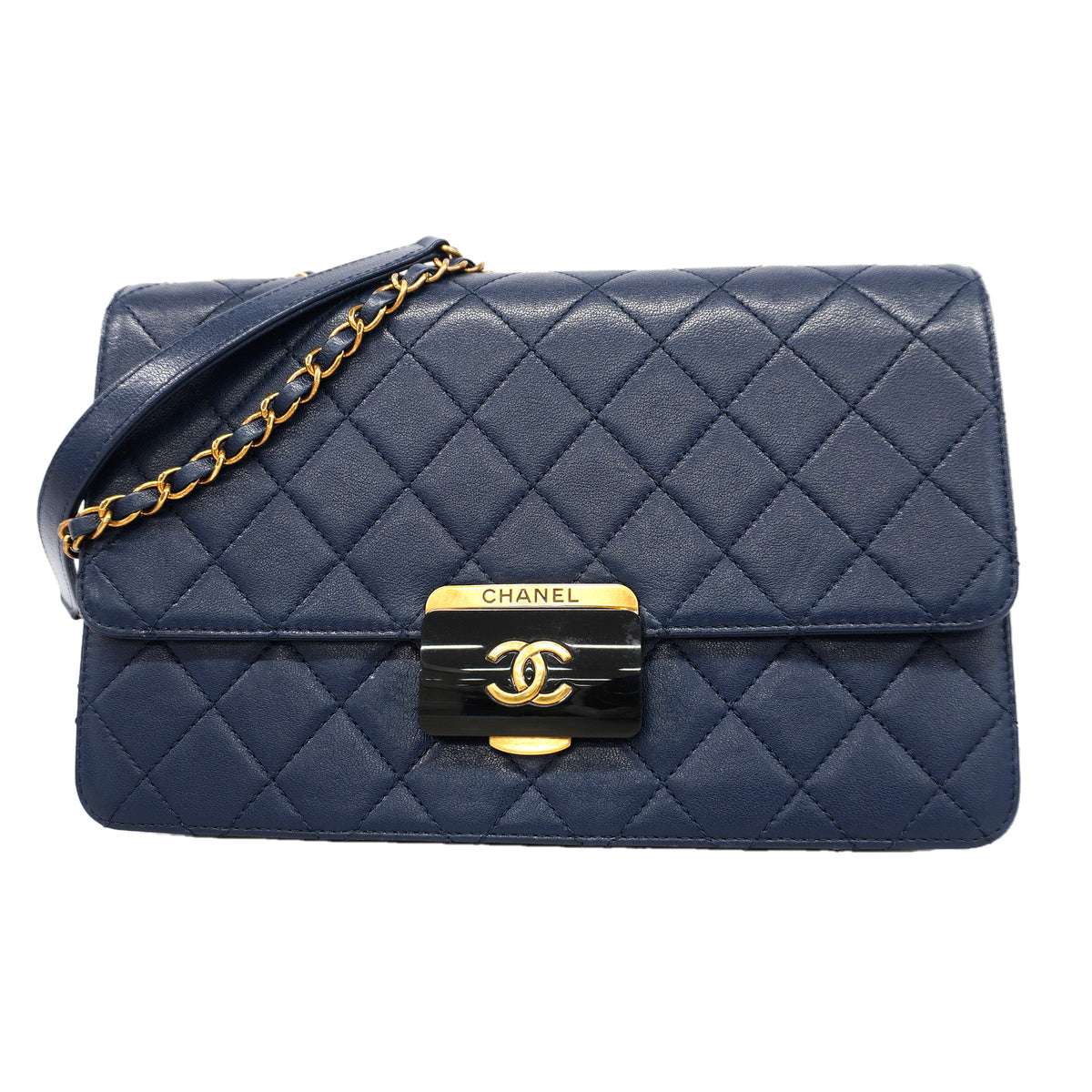 【6id5787】シャネル ショルダーバッグ マトラッセ Wチェーン レザー ネイビー ゴールド金具【中古】レディース