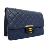 【6id5787】シャネル ショルダーバッグ マトラッセ Wチェーン レザー ネイビー ゴールド金具【中古】レディース