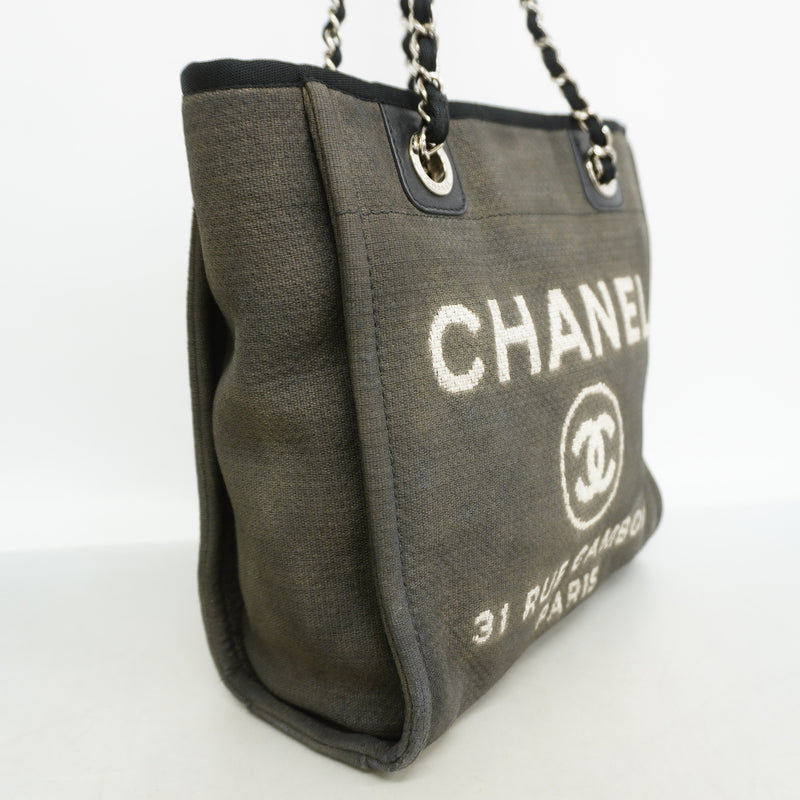 【6id5950】シャネル チェーントート ドーヴィル キャンバス ブラック グレー シルバー金具【中古】レディース