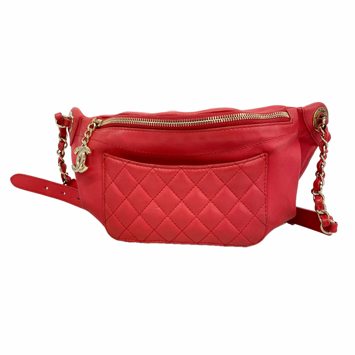 【6id5976】シャネル ボディバッグ マトラッセ ラムスキン レッド シャンパンゴールド金具【中古】レディース