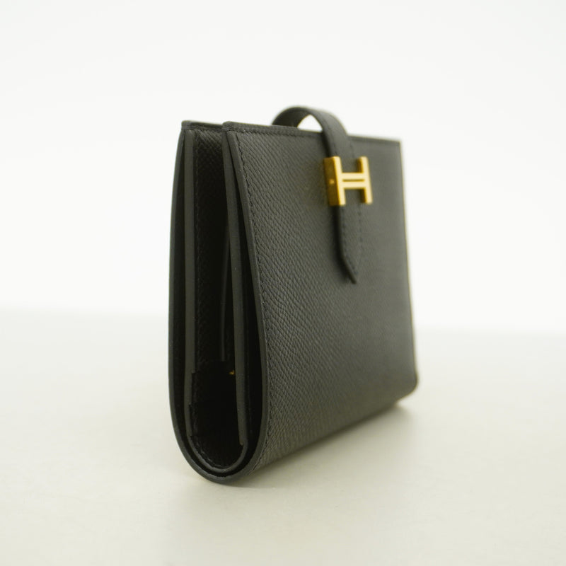 【6id6012】エルメス 財布 ベアンコンパクト ヴォーエプソン ブラック ゴールド金具 K刻印【中古】レディース