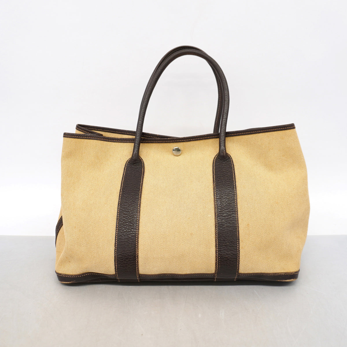 【6id6017-h】エルメス トートバッグ ガーデンパーティPM トワルアッシュ ブラウン ベージュ シルバー金具 □H刻印【中古】レディース