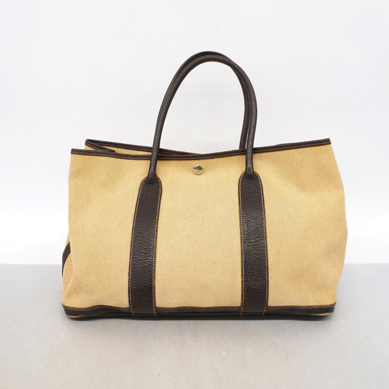 【6id6017-h】エルメス トートバッグ ガーデンパーティPM トワルアッシュ ブラウン ベージュ シルバー金具 □H刻印【中古】レディース