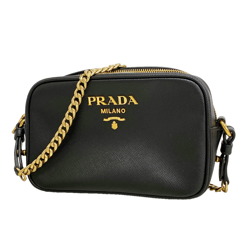【6id6099】プラダ ショルダーバッグ サフィアーノ レザー ブラック ゴールド金具【中古】レディース