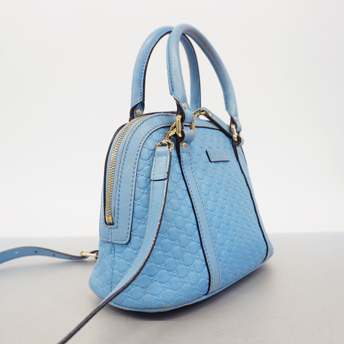 【6id6138】グッチ ハンドバッグ マイクログッチシマ 449654 レザー ブルー ゴールド金具 2wayバッグ【中古】