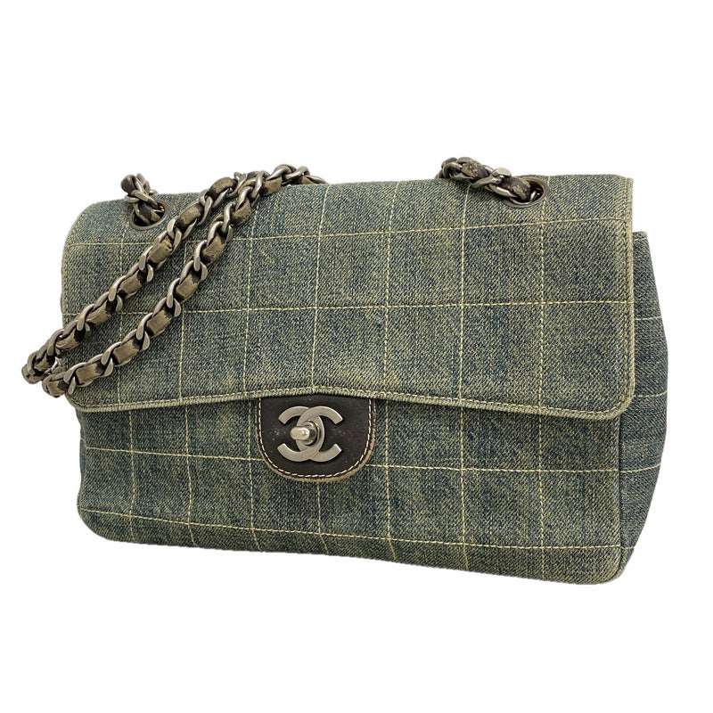 【6id6185】シャネル ショルダーバッグ チョコバー Wチェーン デニム ブルー シルバー金具【中古】レディース