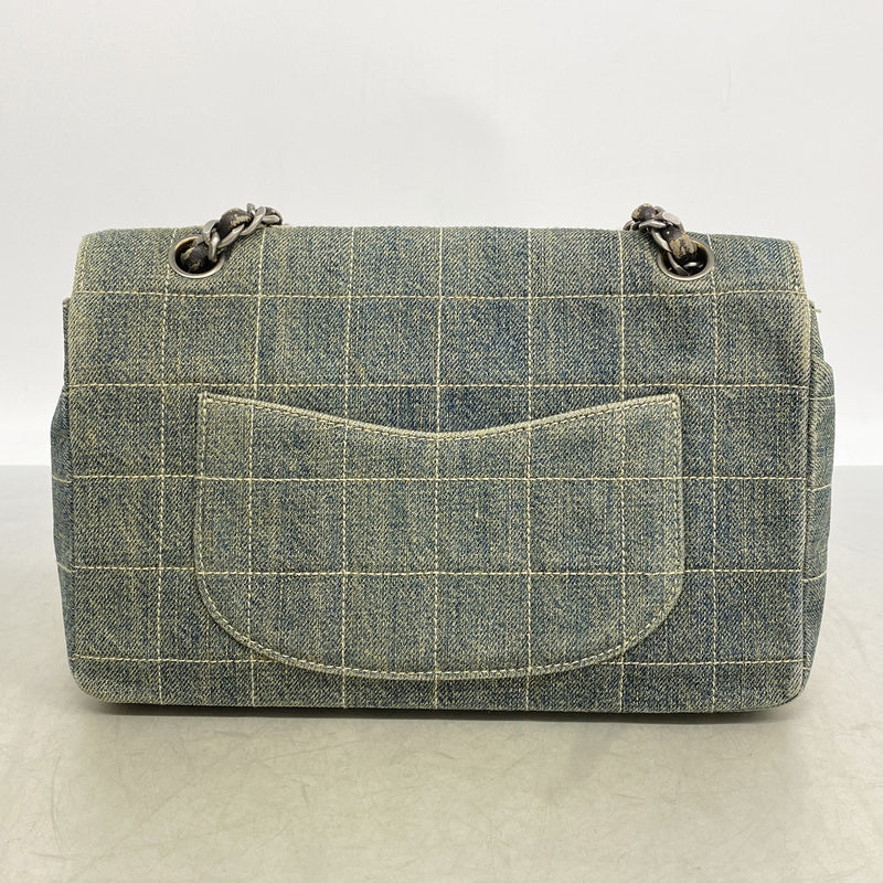 【6id6185】シャネル ショルダーバッグ チョコバー Wチェーン デニム ブルー シルバー金具【中古】レディース