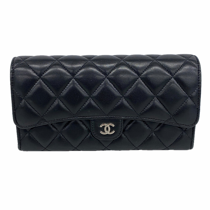 【6id6239】シャネル 長財布 マトラッセ ラムスキン ブラック シルバー金具【中古】レディース