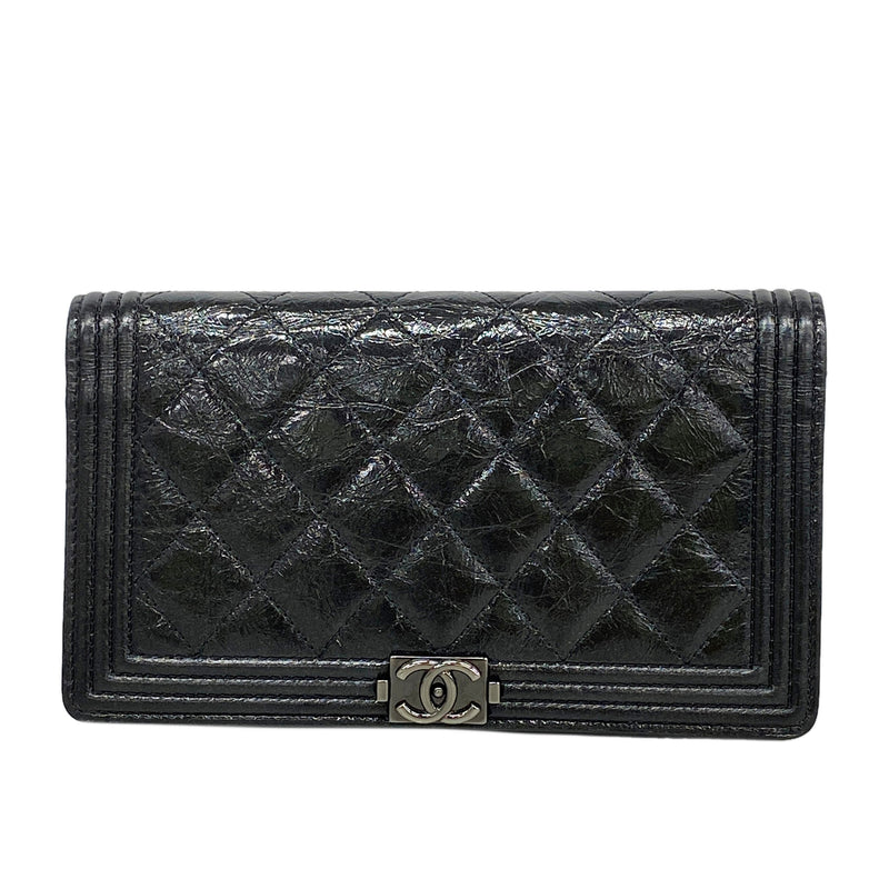 【6id6276】シャネル 長財布 ボーイシャネル レザー ブラック シルバー金具【中古】レディース