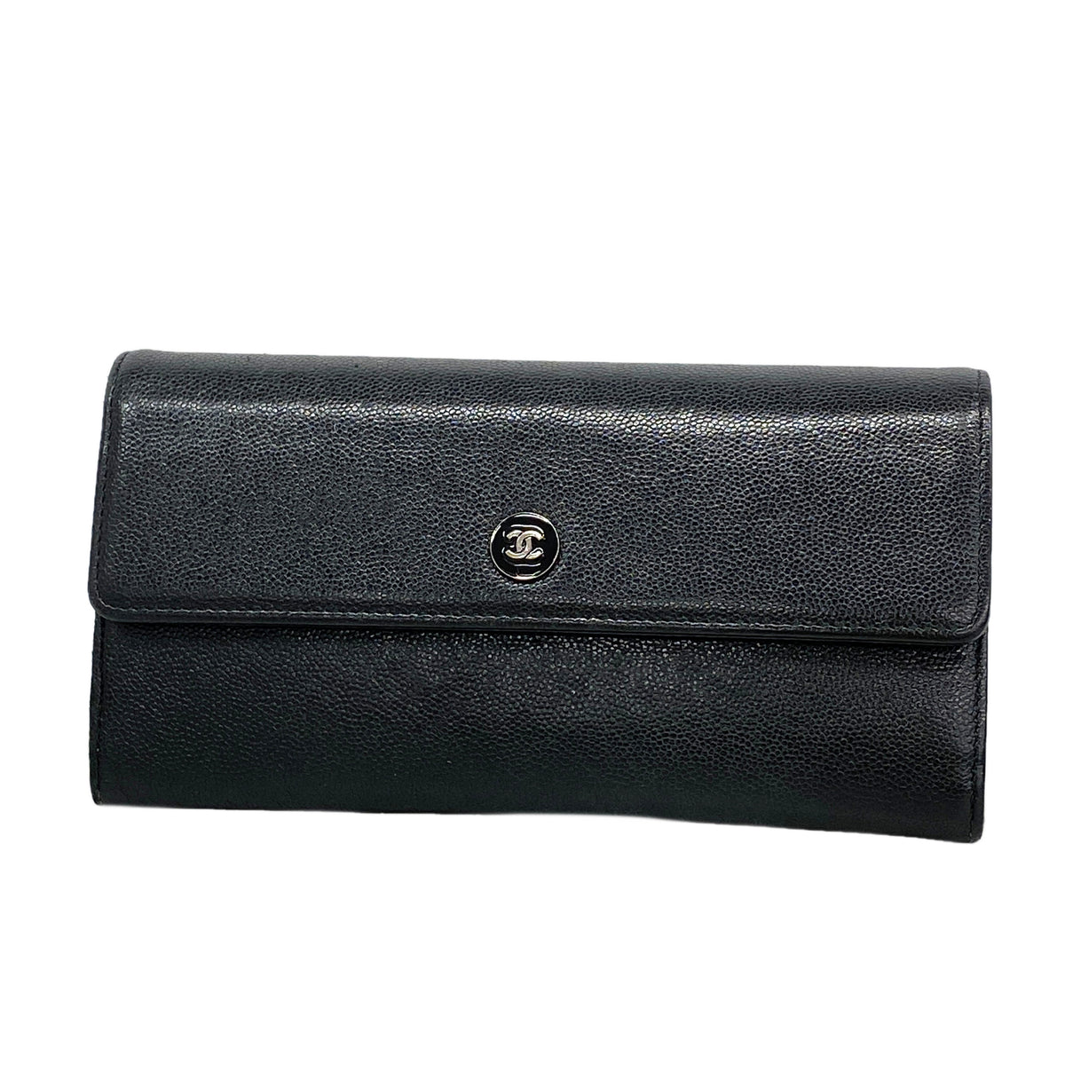 【6id6277】シャネル 長財布 ココボタン キャビアスキン ブラック シルバー金具【中古】レディース