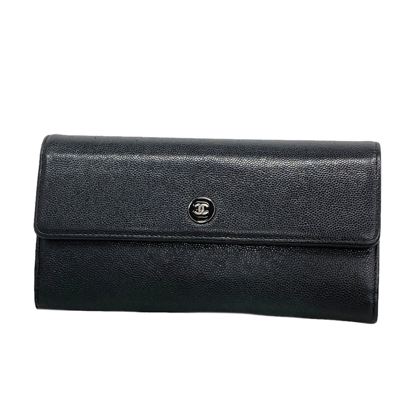【6id6277】シャネル 長財布 ココボタン キャビアスキン ブラック シルバー金具【中古】レディース