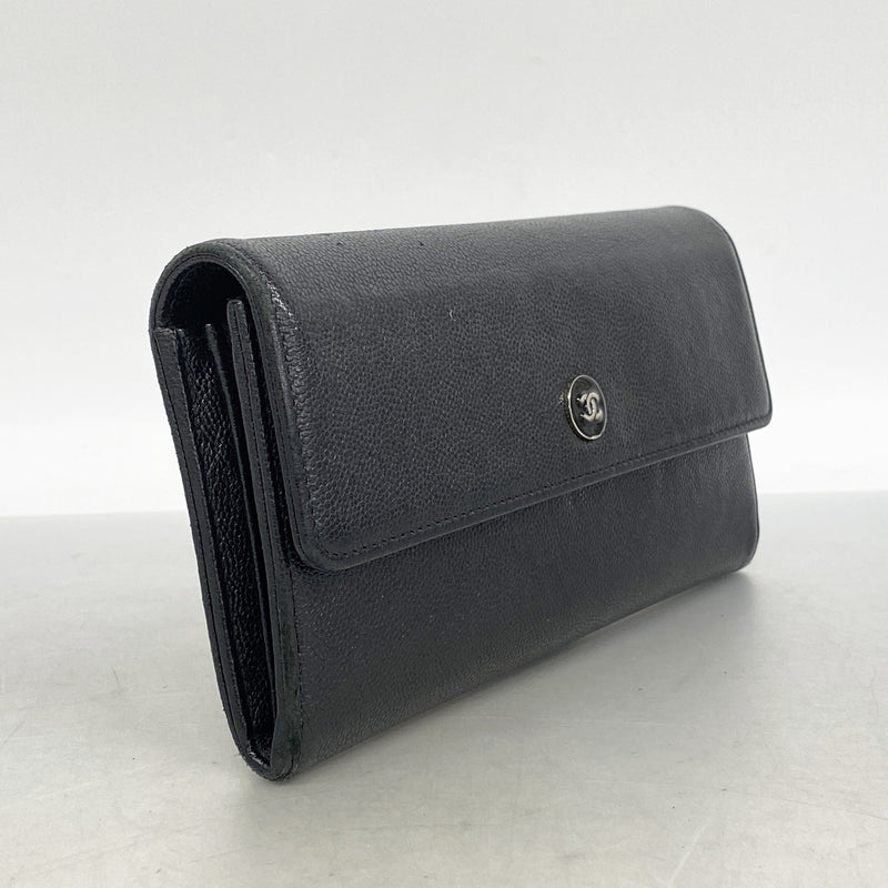 【6id6277】シャネル 長財布 ココボタン キャビアスキン ブラック シルバー金具【中古】レディース