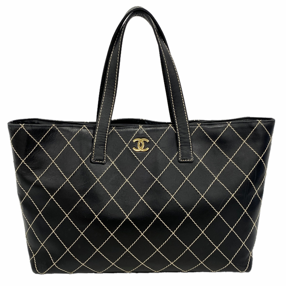 【6id6298】シャネル トートバッグ ワイルドステッチ レザー ブラック ゴールド金具【中古】レディース