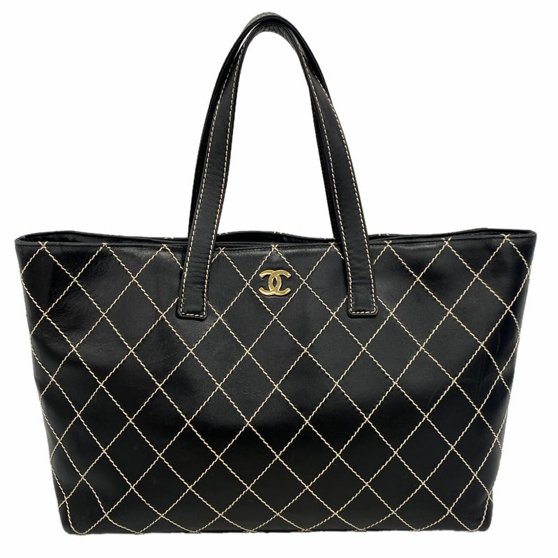 【6id6298】シャネル トートバッグ ワイルドステッチ レザー ブラック ゴールド金具【中古】レディース
