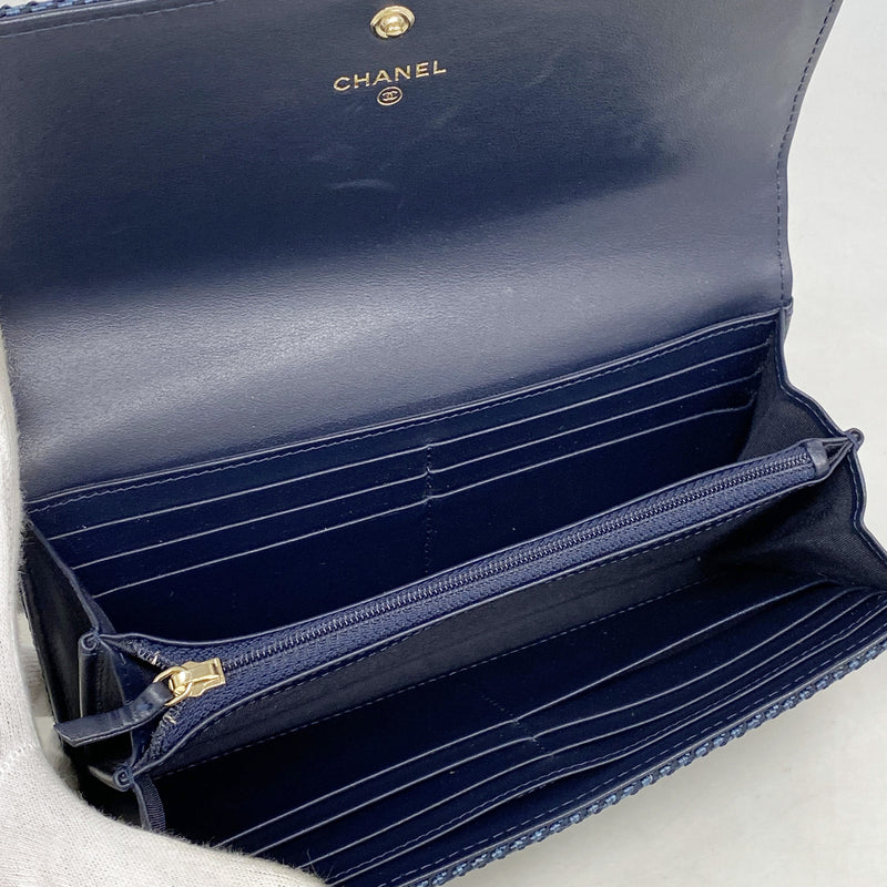 【6id6319】シャネル 長財布 ドーヴィル ツイード ブルー ゴールド金具【中古】レディース