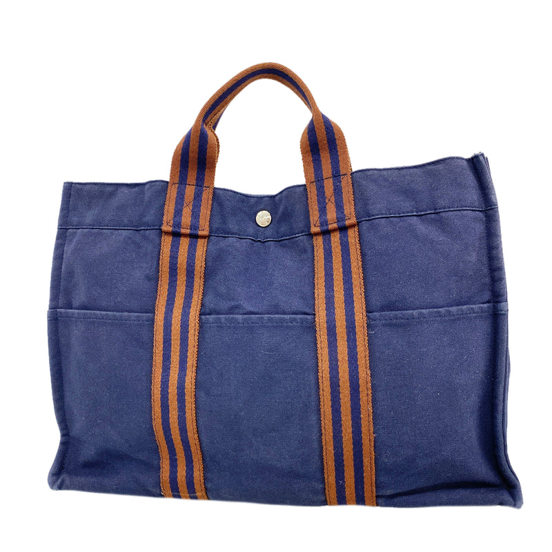 【6id6338】エルメス トートバッグ フールトゥMM キャンバス ネイビー シルバー金具【中古】メンズ レディース ユニセックス